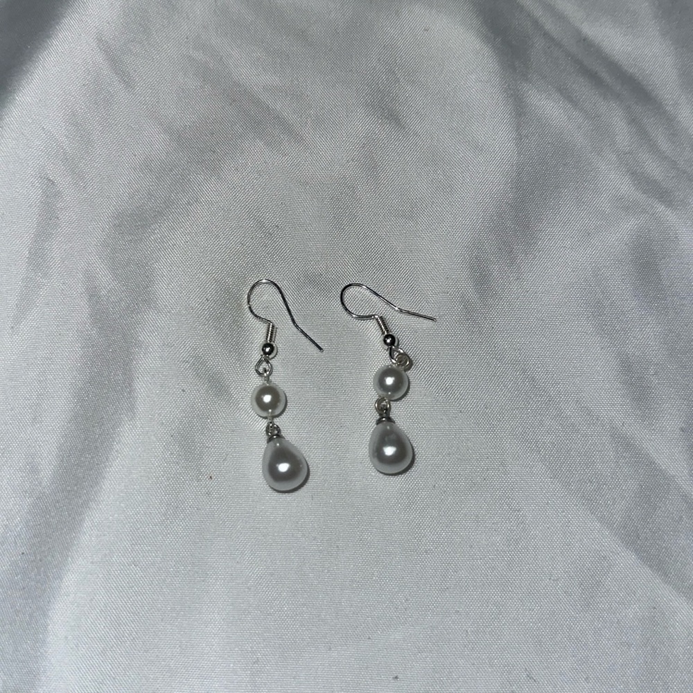 Silver Tone Faux Pearl Drop Earrings